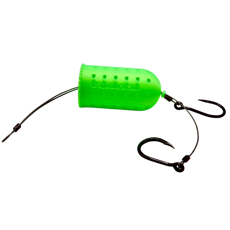 Load image into Gallery viewer, A UV Green halibut fishing lure for holding scent and bait with a halibut hook rig