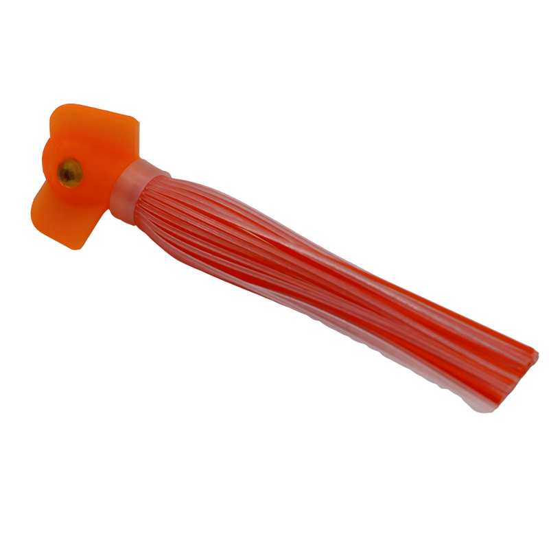 Load image into Gallery viewer, Orange and glow in the dark spinning hoochie salmon fishing lure. with a screw together head scent chamber.