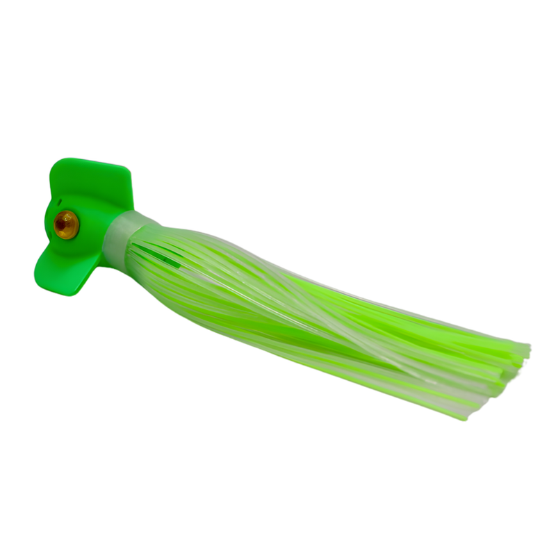 Load image into Gallery viewer, Green and glow in the dark spinning hoochie salmon fishing lure. with a screw together head scent chamber.