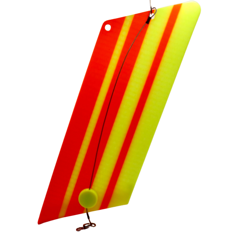 Load image into Gallery viewer, 360 Fishing Flasher in Neon Orange and Neon Yellow with a flasher breakaway and a cent chamber