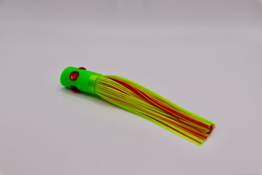 Tuna fishing, great for yellowfin tuna, albacore tuna, and ahi tuna - with red eyes and a green body with a colorful skirt of green, orange, and red