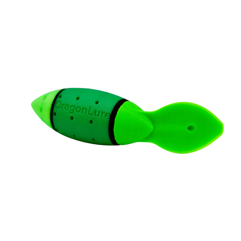 Load image into Gallery viewer, Green and UV Green salmon fishing lure. Salmon plug design with a large scent chamber and large lure lip for aggressive action.