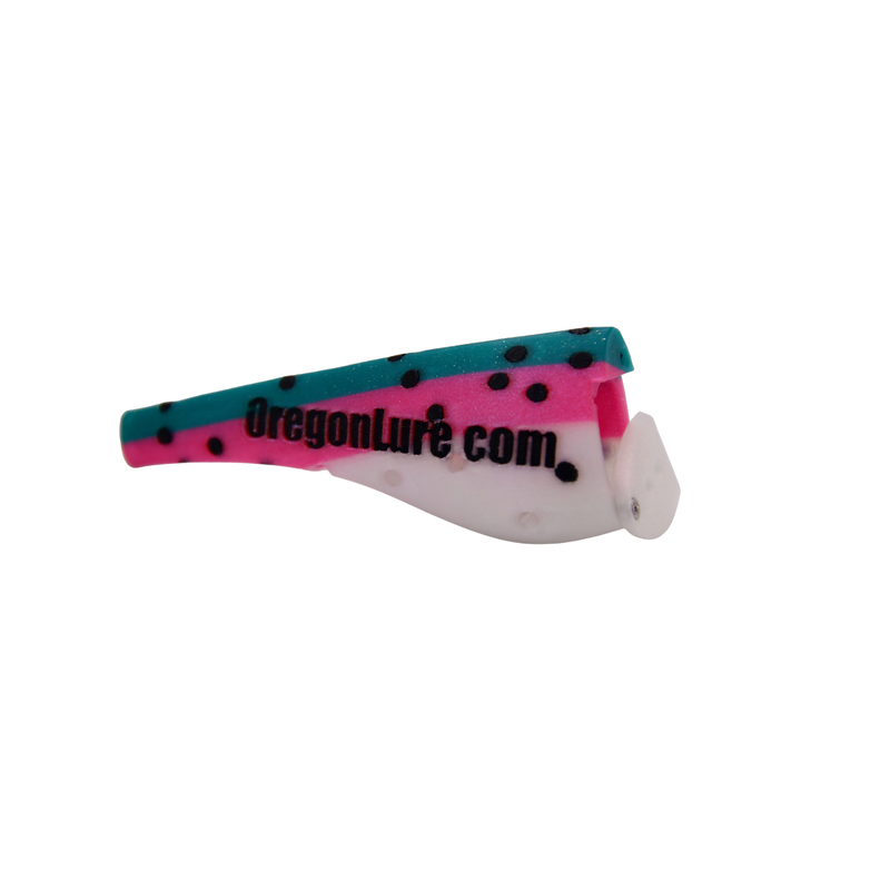 Load image into Gallery viewer, Salmon cut plug trolling lure in white, pink, green, and sparkles with black dots