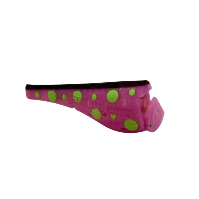 Load image into Gallery viewer, Salmon cut plug trolling lure in UV pink and black with glow in the dark green dots