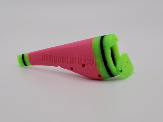 Fresh water fishing lure in green, pink, and black featuring an open cavity - from the side - great as salmon lures, bass lures, trout lures, and walleye fishing tackle.