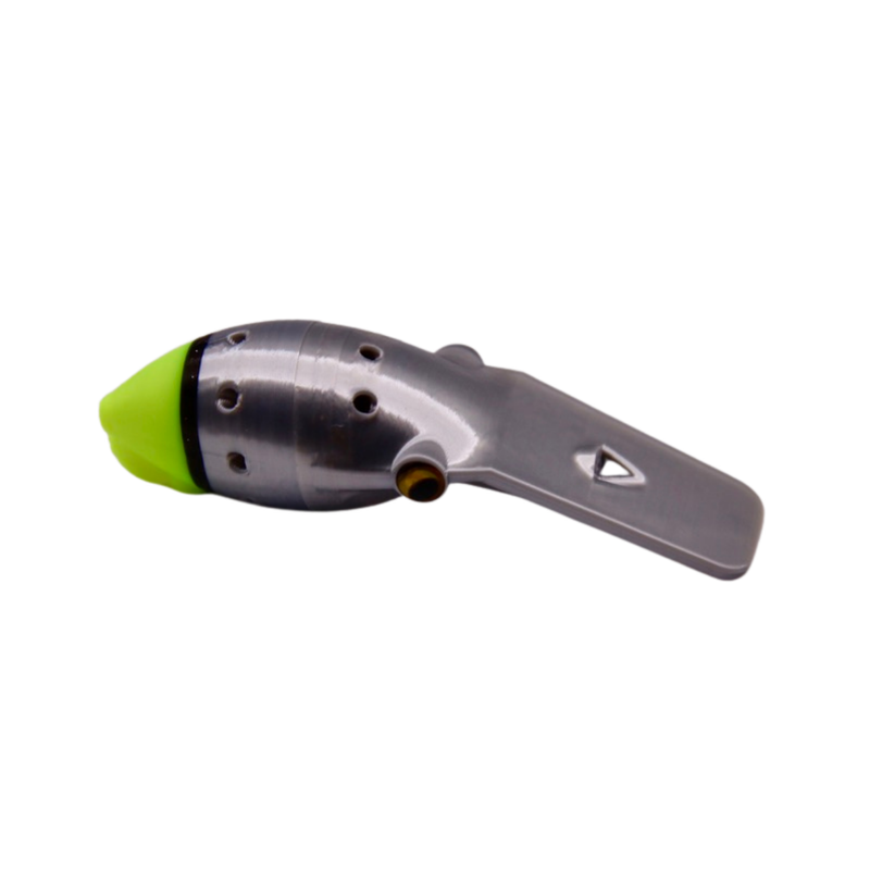 Load image into Gallery viewer, Silver wobbling lip lure with Green ultra Violet tail and built in scent chamber. Used for salmon and steelhead fishing.