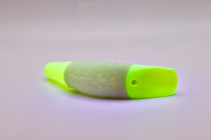 Load image into Gallery viewer, Salmon lure with a glow green and neon yellow body and neon yellow head from the side - great as chinook salmon lures, and coho salmon lures
