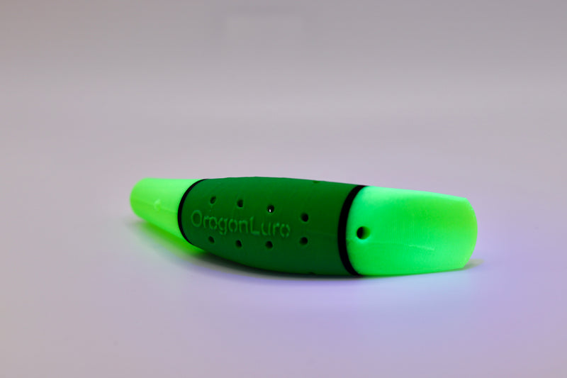 Load image into Gallery viewer, Salmon lure with a green and neon green body and neon green head from the side - great as chinook salmon lures, and coho salmon lures
