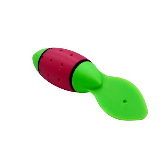 Pink and UV Green salmon fishing lure. Salmon plug design with a large scent chamber and large lure lip for aggressive action.