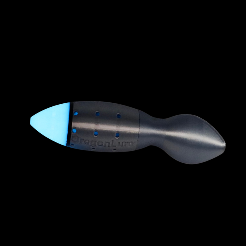 Load image into Gallery viewer, Silver and Glow in the dark Blue salmon fishing lure. Salmon plug design with a large scent chamber and large lure lip for aggressive action.
