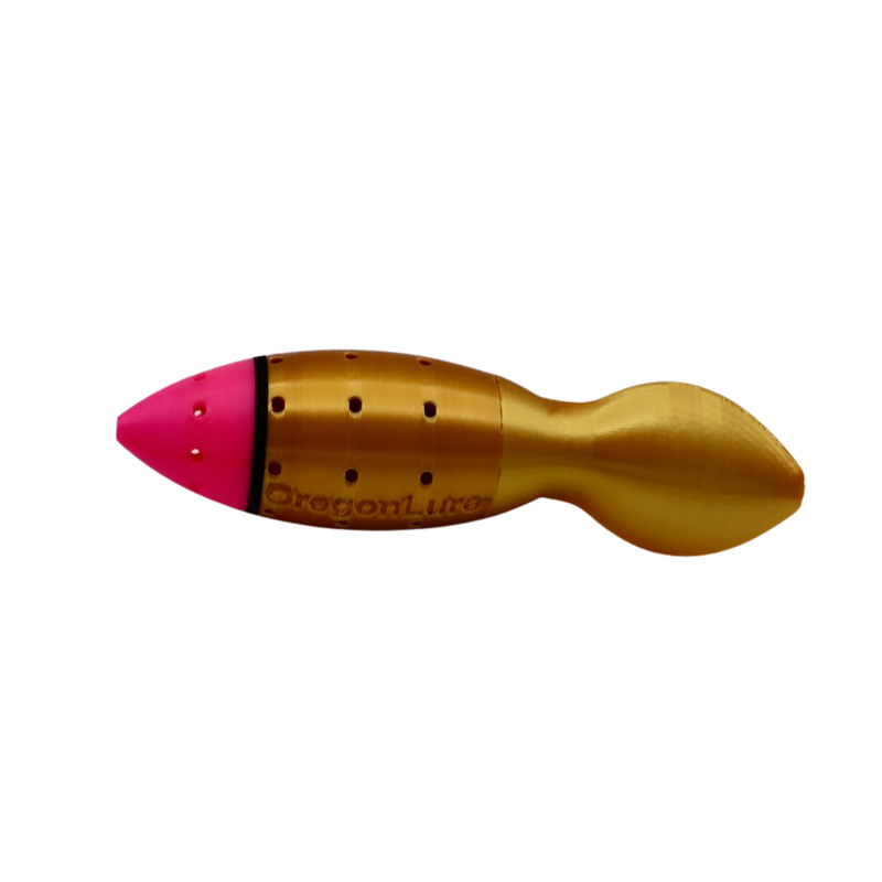 Load image into Gallery viewer, Gold and UV Pink salmon fishing lure. Salmon plug design with a large scent chamber and large lure lip for aggressive action.
