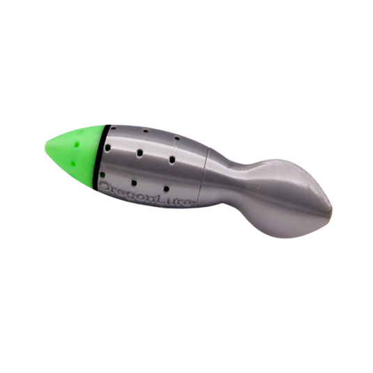 Silver and Glow in the dark salmon fishing lure. Salmon plug design with a large scent chamber and large lure lip for aggressive action.