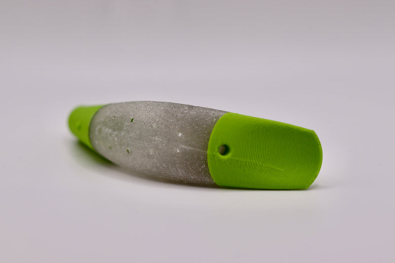 Load image into Gallery viewer, Salmon lure with a sparkly and green body and green head from the side - great as chinook salmon lures, and coho salmon lures
