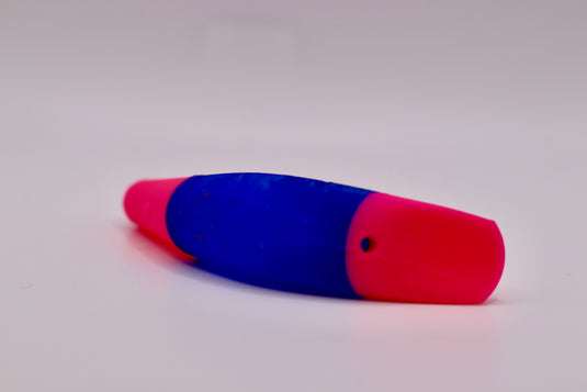 Salmon lure with a blue and neon pink body and neon pink head from the side - great as chinook salmon lures, and coho salmon lures