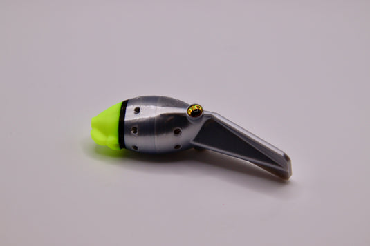 Side View Silver and UV Yellow Coho, Chinook, Sockeye, Salmon and Trout Lure. Large lip for wobbling action, and scent chamber.