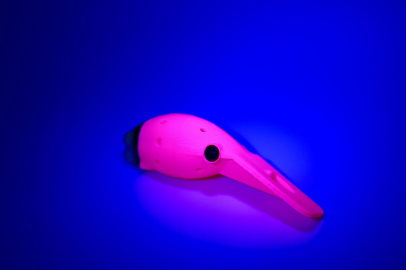 Load image into Gallery viewer, Ultra violet (UV) Pink Coho, Chinook, Sockeye, Salmon and Trout Lure. Large lip for wobbling action, and scent chamber.
