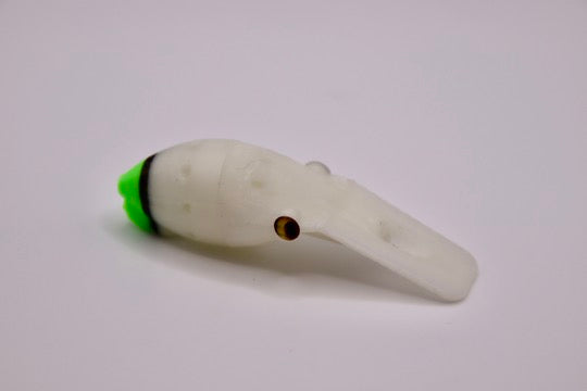 Load image into Gallery viewer, Glow in the dark, and UV Green Coho, Chinook, Sockeye, Salmon and Trout Lure. Large lip for wobbling action, and scent chamber.
