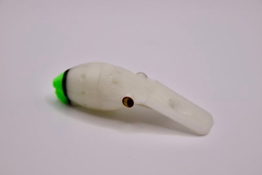 Glow in the dark, and UV Green Coho, Chinook, Sockeye, Salmon and Trout Lure. Large lip for wobbling action, and scent chamber.