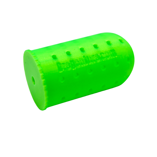 A UV Green halibut fishing lure for holding scent and bait.