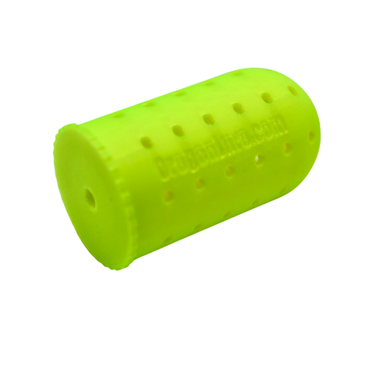 A UV Yellow halibut fishing lure for holding scent and bait.