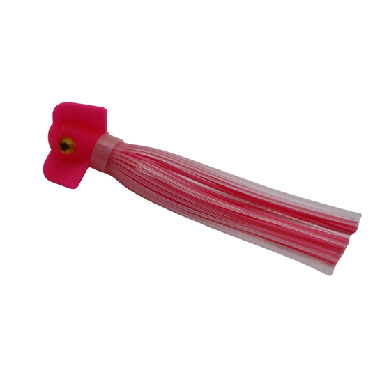 UV Pink and glow in the dark spinning hoochie salmon fishing lure. with a screw together head scent 