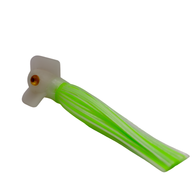 Load image into Gallery viewer, UV green and green glow in the dark spinning hoochie salmon fishing lure. with a screw together head scent chamber.
