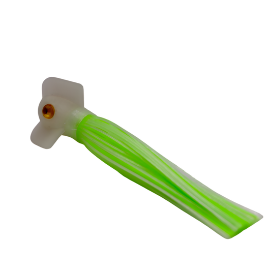 UV green and green glow in the dark spinning hoochie salmon fishing lure. with a screw together head scent chamber.