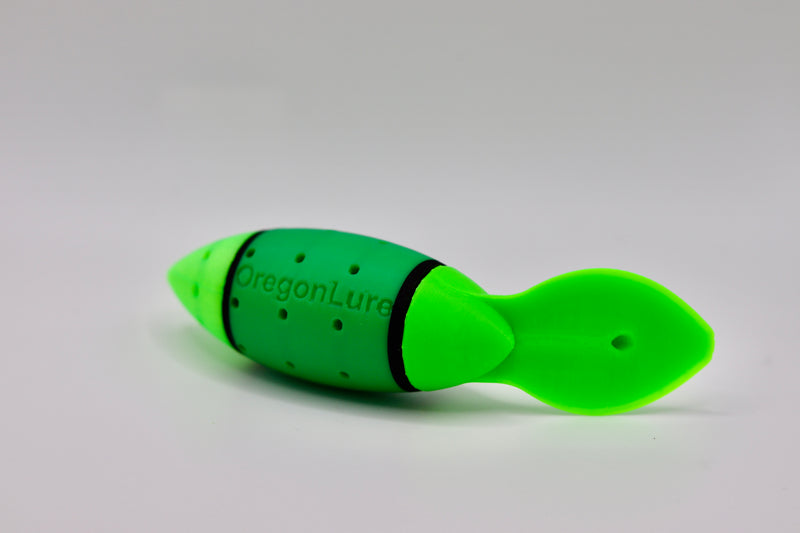 Load image into Gallery viewer, Salmon fishing lure in green, light green, and black from the side - great for chinook salmon and coho salmon
