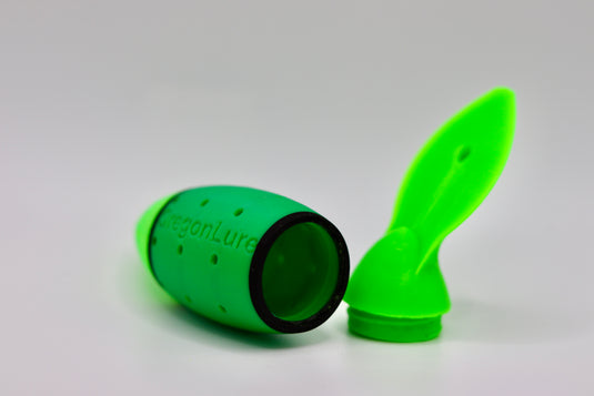 Salmon fishing lure in green, light green, and black with an open look into the salmon lure - great for chinook salmon and coho salmon
