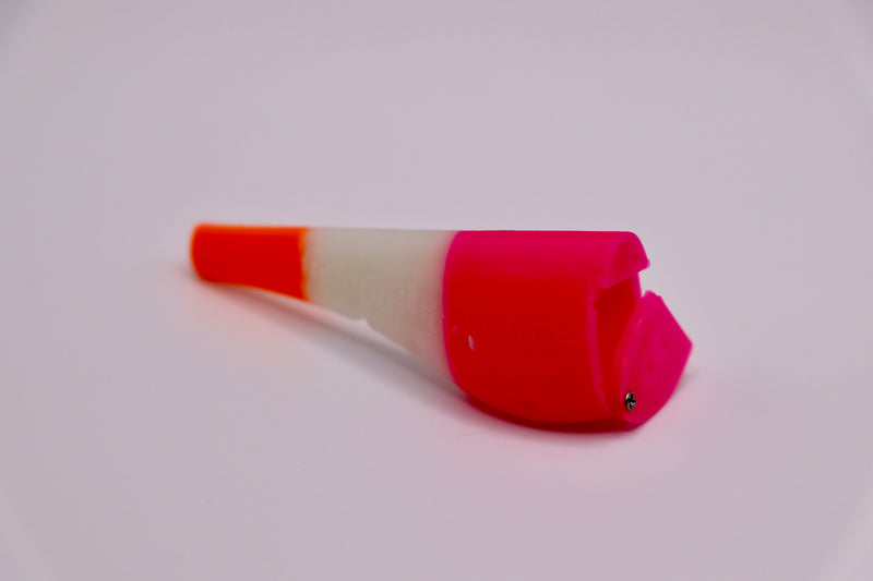 Load image into Gallery viewer, Fresh water fishing lure in pink, white, and orange featuring an open cavity - from the side - great as salmon lures, bass lures, trout lures, and walleye fishing tackle.
