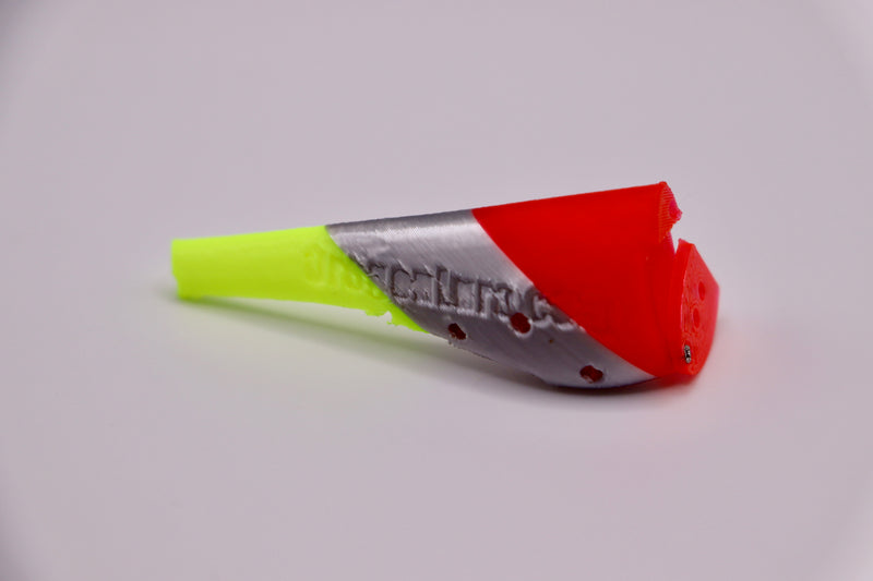 Load image into Gallery viewer, Fresh water fishing lure in pink, chrome, and yellow featuring an open cavity - from the side - great as salmon lures, bass lures, trout lures, and walleye fishing tackle.
