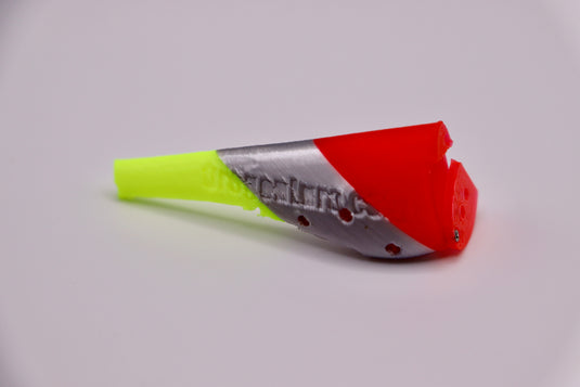 Fresh water fishing lure in pink, chrome, and yellow featuring an open cavity - from the side - great as salmon lures, bass lures, trout lures, and walleye fishing tackle.