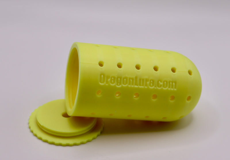 Load image into Gallery viewer, Deep Sea Fishing Lure for halibut and Lingcod in Yellow glow with the bait basket open
