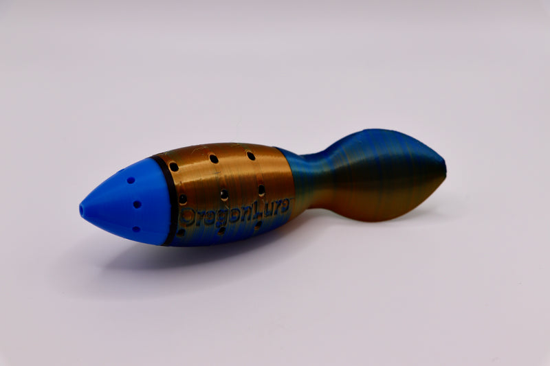 Load image into Gallery viewer, Salmon fishing lure in blue, bronze, and black from the side - great for chinook salmon and coho salmon
