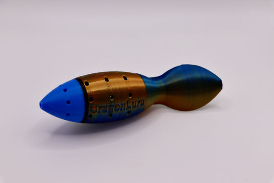 Salmon fishing lure in blue, bronze, and black from the side - great for chinook salmon and coho salmon
