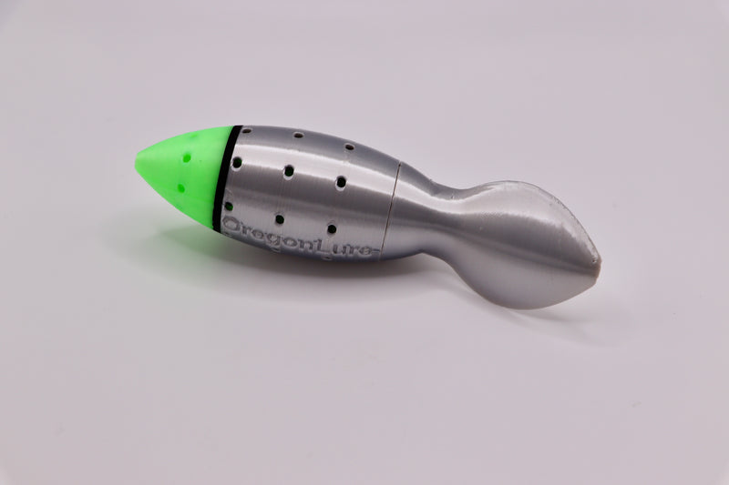 Load image into Gallery viewer, Salmon fishing lure in green, chrome, and black from the side - great for chinook salmon and coho salmon
