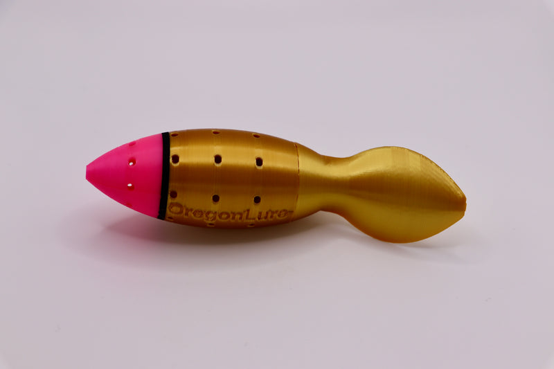 Load image into Gallery viewer, Salmon fishing lure in pink, gold, and black from the side - great for chinook salmon and coho salmon
