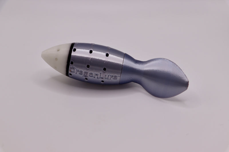 Load image into Gallery viewer, Salmon fishing lure in white, blue-chrome, and black from the side - great for chinook salmon and coho salmon
