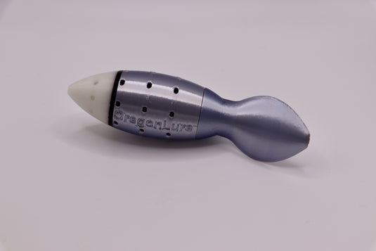 Salmon fishing lure in white, blue-chrome, and black from the side - great for chinook salmon and coho salmon