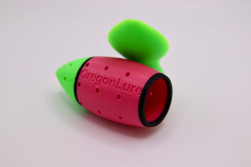 Load image into Gallery viewer, Salmon fishing lure in green, pink, and black opened up - great for chinook salmon and coho salmon
