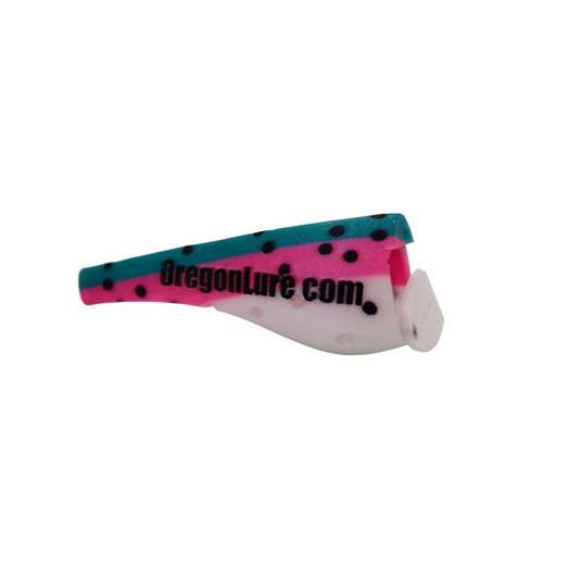 Salmon cut plug trolling lure in white, pink, green, and sparkles with black dots