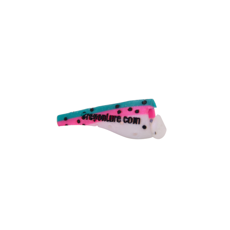 Load image into Gallery viewer, A small Salmon cut plug trolling lure in white, pink, green, and sparkles with black dots
