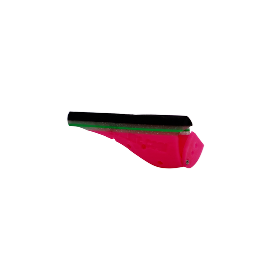 A small salmon cut plug trolling lure in UV pink, Silver, Green and Black