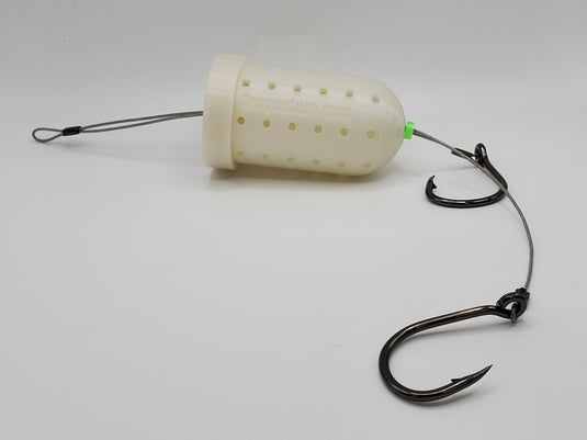 Deep Sea Fishing Lure for halibut and Lingcod in glow in the dark with an example of the fishing hooks used
